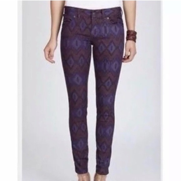 Free People Purple Aztec Muted Print Skinny Jeans EUC Size 31 - Picture 1 of 7